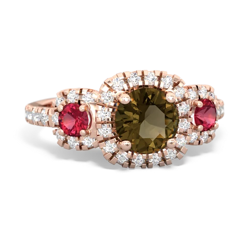 smoky quartz-lab ruby three stone regal ring