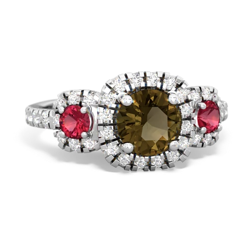 smoky quartz-lab ruby three stone regal ring