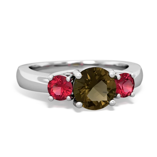 Smoky Quartz Genuine Smoky Quartz with Lab Created Ruby and Genuine Aquamarine Three Stone Trellis ring Ring