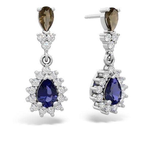 smoky quartz-lab sapphire dangle earrings