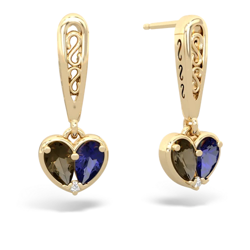 smoky quartz-lab sapphire filligree earrings