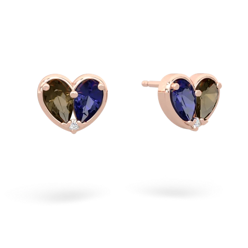 smoky quartz-lab sapphire one heart earrings