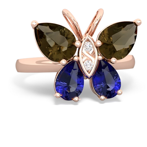 smoky quartz-lab sapphire butterfly ring