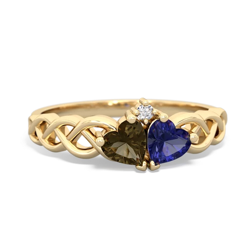 smoky quartz-lab sapphire celtic braid ring