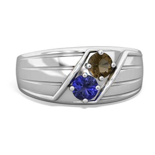 smoky quartz-lab sapphire mens ring