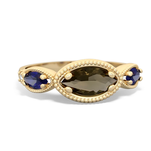Genuine Smoky Quartz with Lab Created Sapphire and Genuine Opal Antique Style Keepsake ring