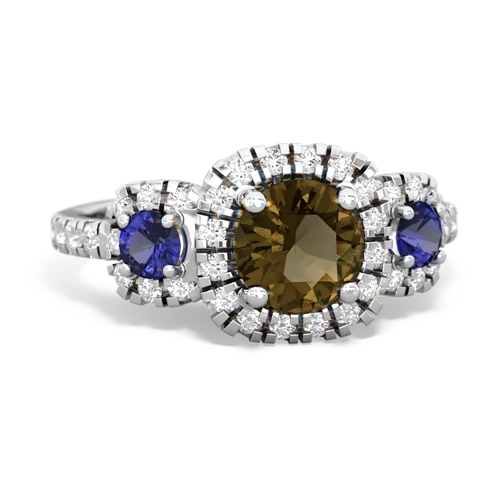 smoky quartz-lab sapphire three stone regal ring
