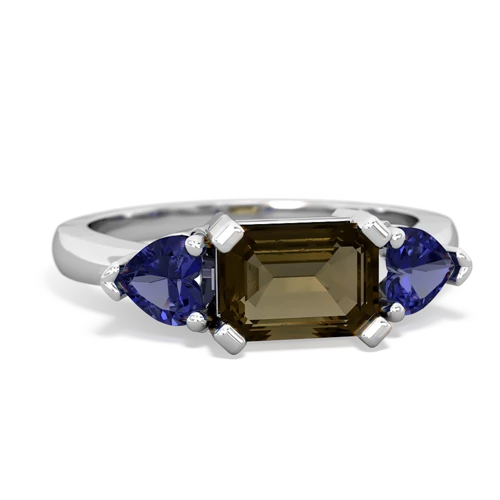 Genuine Smoky Quartz with Lab Created Sapphire and Lab Created Ruby Three Stone ring