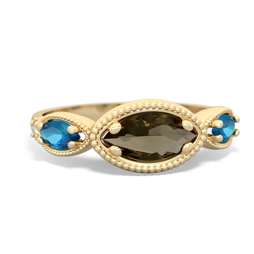 Genuine Smoky Quartz with Genuine London Blue Topaz and Genuine Fire Opal Antique Style Keepsake ring