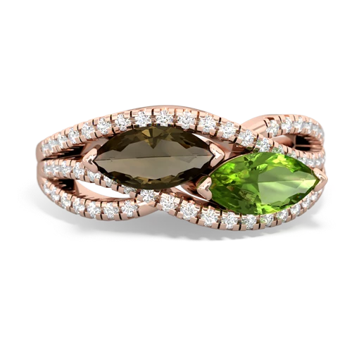 smoky quartz-peridot double heart ring