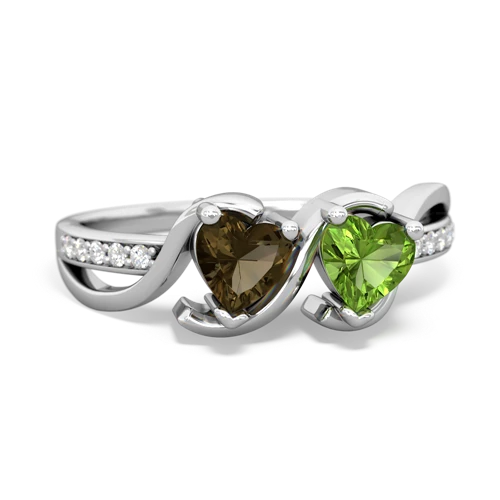 smoky quartz-peridot double heart ring