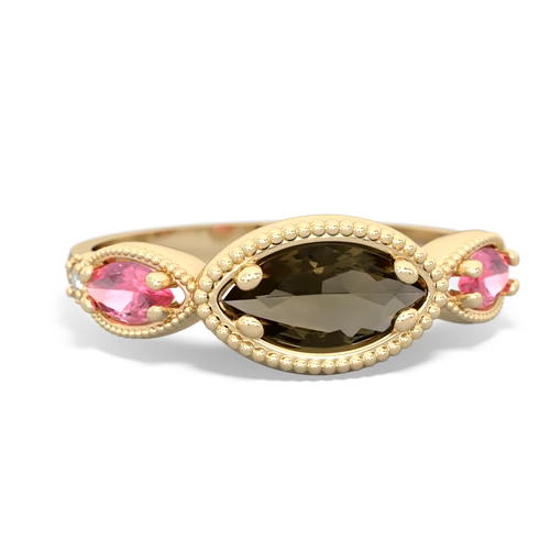 Smoky Quartz Genuine Smoky Quartz with Lab Created Pink Sapphire and Lab Created Emerald Antique Style Keepsake ring Ring