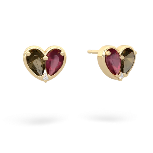 smoky quartz-ruby one heart earrings