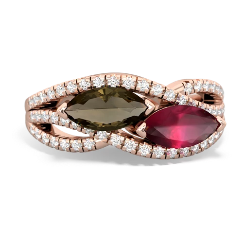 smoky quartz-ruby double heart ring