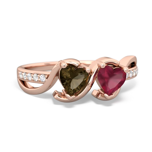 smoky quartz-ruby double heart ring