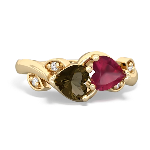 smoky quartz-ruby floral keepsake ring