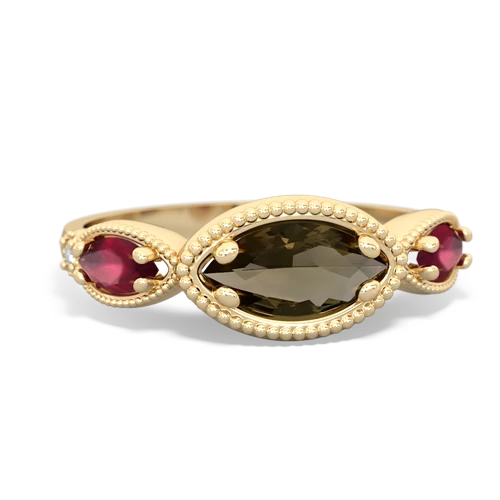 Smoky Quartz Genuine Smoky Quartz with Genuine Ruby and Genuine Peridot Antique Style Keepsake ring Ring