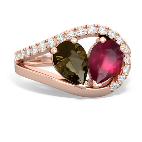 smoky quartz-ruby pave heart ring