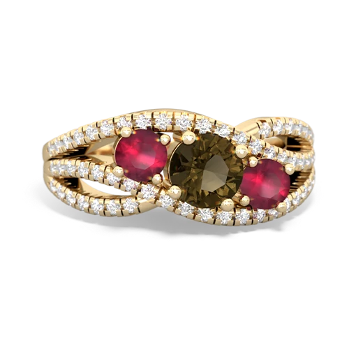 smoky quartz-ruby three stone pave ring