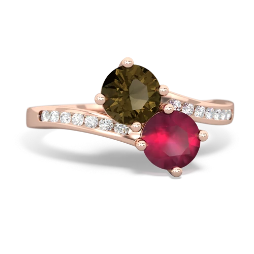 smoky quartz-ruby two stone channel ring