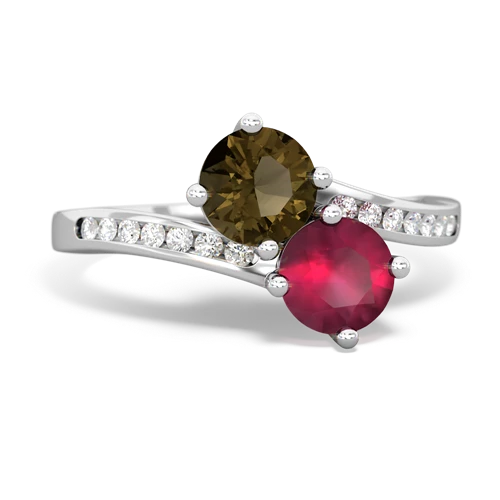 smoky quartz-ruby two stone channel ring