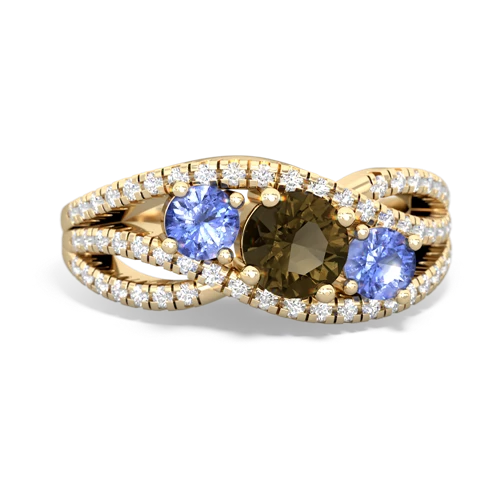 smoky quartz-tanzanite three stone pave ring