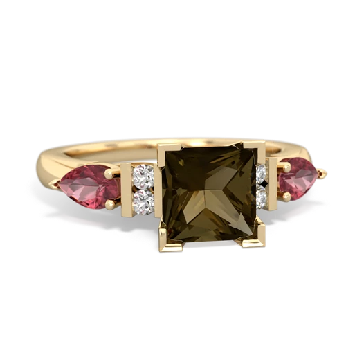 Smoky Quartz Genuine Smoky Quartz with Genuine Pink Tourmaline and Lab Created Emerald Engagement ring Ring