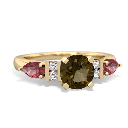 Smoky Quartz Genuine Smoky Quartz with Genuine Pink Tourmaline and Lab Created Emerald Engagement ring Ring