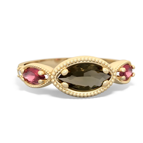 Smoky Quartz Genuine Smoky Quartz with Genuine Pink Tourmaline and Lab Created Sapphire Antique Style Keepsake ring Ring