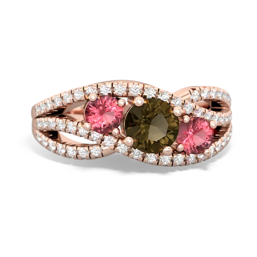 smoky quartz-tourmaline three stone pave ring