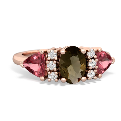 Smoky Quartz Genuine Smoky Quartz with Genuine Pink Tourmaline and Lab Created Emerald Antique Style Three Stone ring Ring