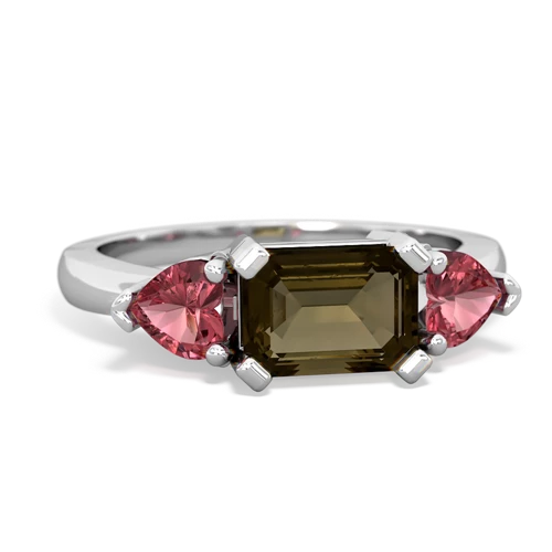 Smoky Quartz Genuine Smoky Quartz with Genuine Pink Tourmaline and Lab Created Sapphire Three Stone ring Ring
