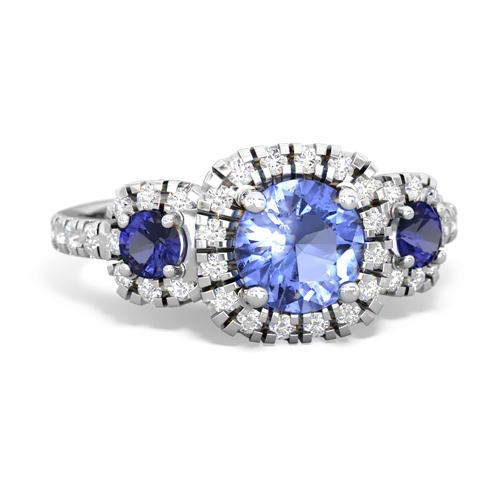 tanzanite-lab sapphire three stone regal ring