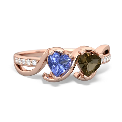 tanzanite-smoky quartz double heart ring