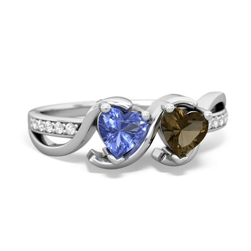 tanzanite-smoky quartz double heart ring