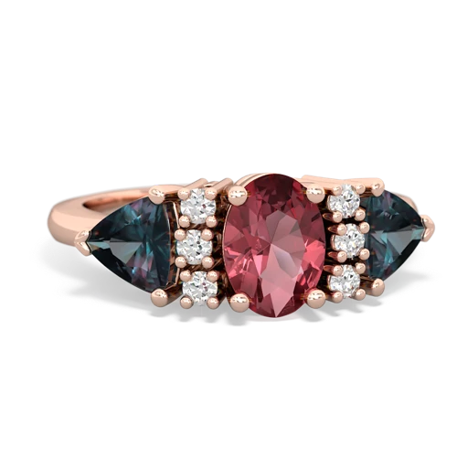 Pink Tourmaline Genuine Pink Tourmaline with Lab Created Alexandrite and Genuine Emerald Antique Style Three Stone ring Ring