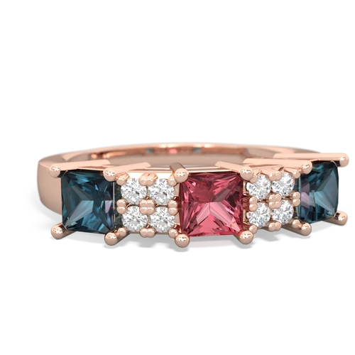 Pink Tourmaline Genuine Pink Tourmaline with Lab Created Alexandrite and Genuine Emerald Three Stone ring Ring