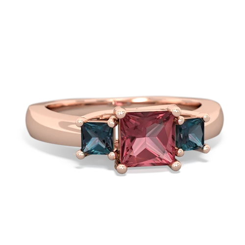Pink Tourmaline Genuine Pink Tourmaline with Lab Created Alexandrite and Genuine Emerald Three Stone Trellis ring Ring