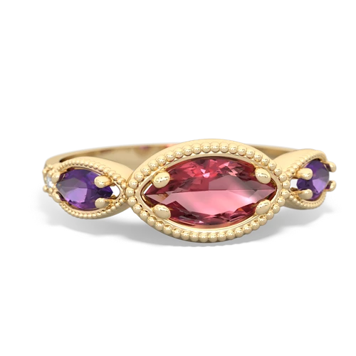 Pink Tourmaline Genuine Pink Tourmaline with Genuine Amethyst and Lab Created Ruby Antique Style Keepsake ring Ring
