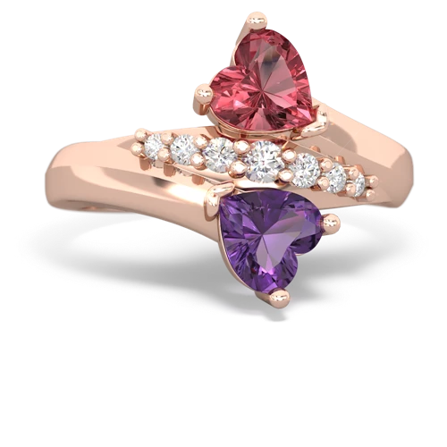 Pink Tourmaline Genuine Pink Tourmaline with Genuine Amethyst Heart to Heart Bypass ring Ring