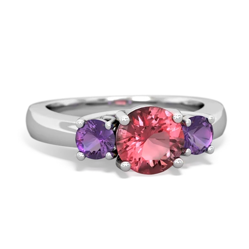 Pink Tourmaline Genuine Pink Tourmaline with Genuine Amethyst and Genuine Opal Three Stone Trellis ring Ring