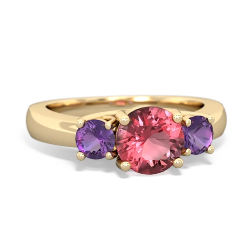 Pink Tourmaline Genuine Pink Tourmaline with Genuine Amethyst and  Three Stone Trellis ring Ring