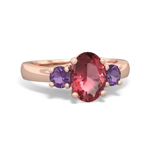 Pink Tourmaline Genuine Pink Tourmaline with Genuine Amethyst Three Stone Trellis ring Ring