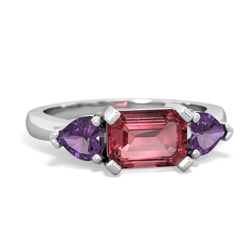 Pink Tourmaline Genuine Pink Tourmaline with Genuine Amethyst and Lab Created Ruby Three Stone ring Ring