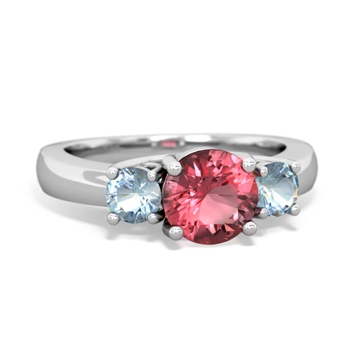 Pink Tourmaline Genuine Pink Tourmaline with Genuine Aquamarine and Genuine Pink Tourmaline Three Stone Trellis ring Ring