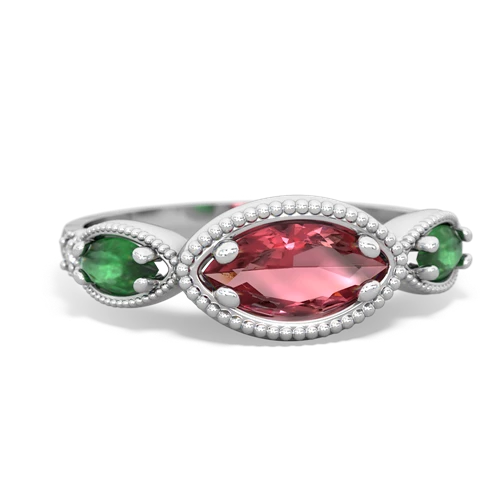 Pink Tourmaline Genuine Pink Tourmaline with Genuine Emerald and Genuine Tanzanite Antique Style Keepsake ring Ring