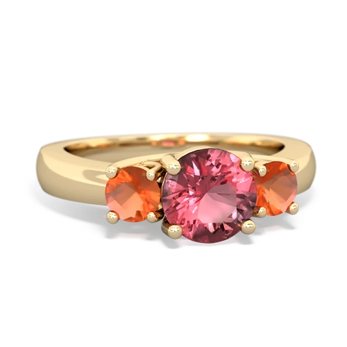 Pink Tourmaline Genuine Pink Tourmaline with Genuine Fire Opal and Genuine Smoky Quartz Three Stone Trellis ring Ring