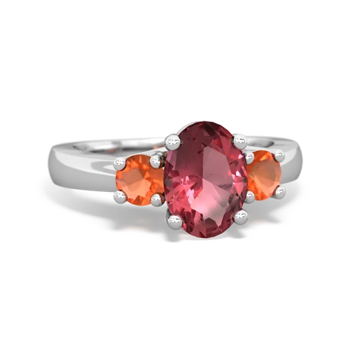 Pink Tourmaline Genuine Pink Tourmaline with Genuine Fire Opal Three Stone Trellis ring Ring