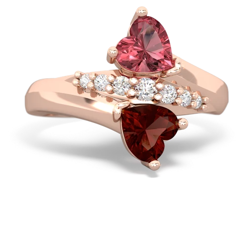 Pink Tourmaline Genuine Pink Tourmaline with Genuine Garnet Heart to Heart Bypass ring Ring