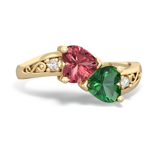 Pink Tourmaline Genuine Pink Tourmaline with Lab Created Emerald Snuggling Hearts ring Ring